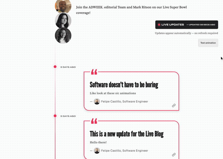 Live-blog cards wave as updates arrive and the timeline pulses